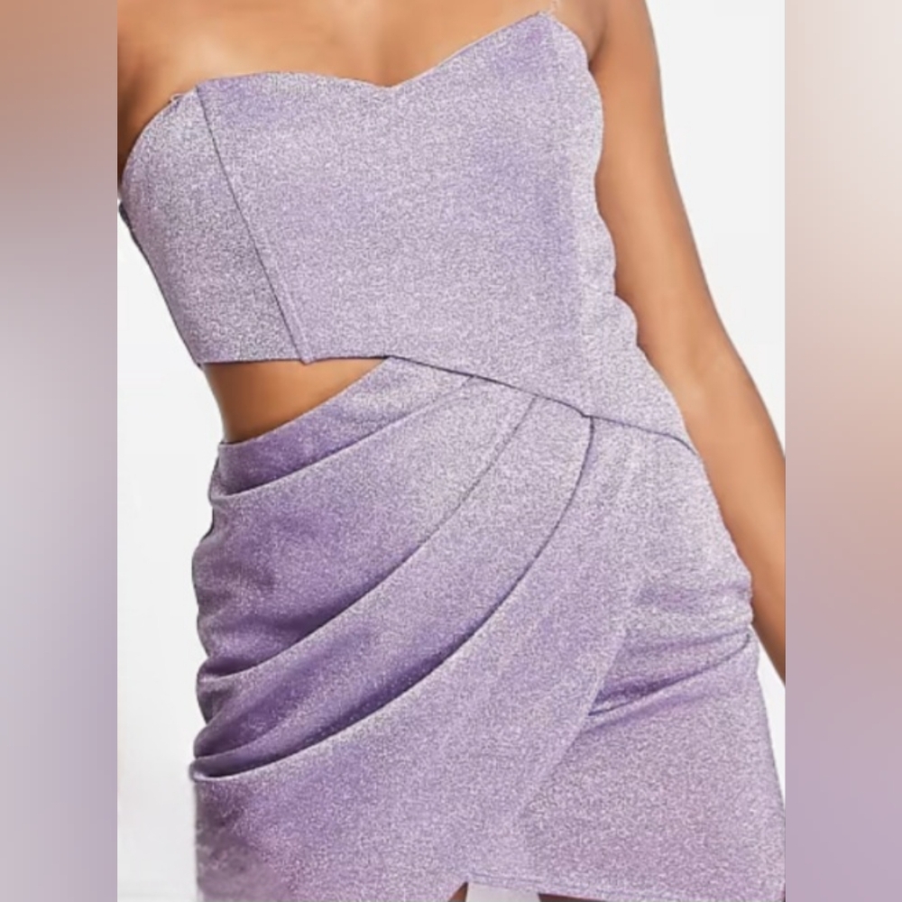 NWT Jaded Rose purple metalic strapless wrap front bandeau mini dress